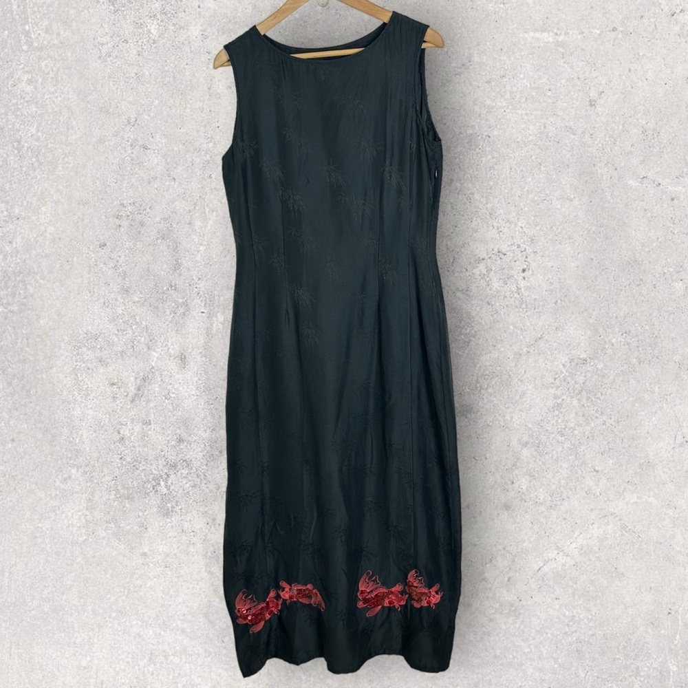 Vintage Citron 100% Silk Black Maxi Dress Fish Embroidery Size Small Side Zipper - Picture 6 of 14